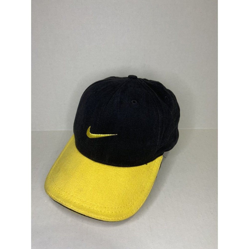 Vintage Nike Hat Yellow Black Center Swoosh Embroidery Made in USA Hook/Loop Str